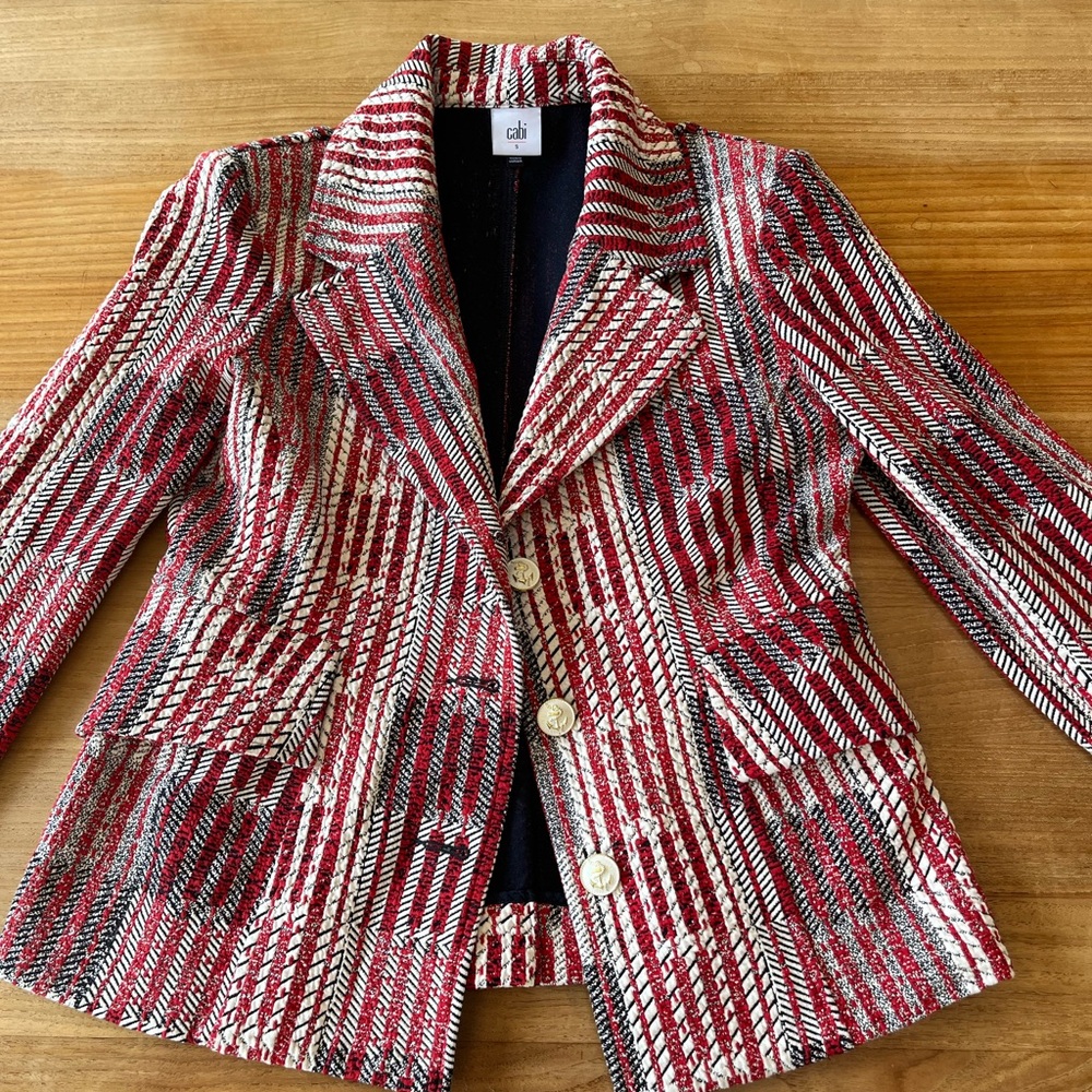 CAbi Red Patterned Tweed Jacket - Women's Button Front Blazer, Size S - Picture 6 of 8